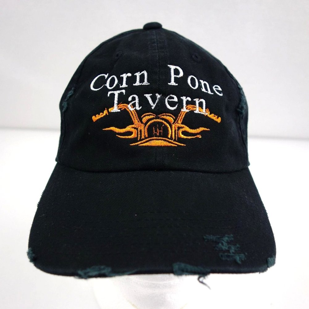 Corn Pone Tavern Embroidered‎ Distressed Strapback Black Baseball Cap Hat